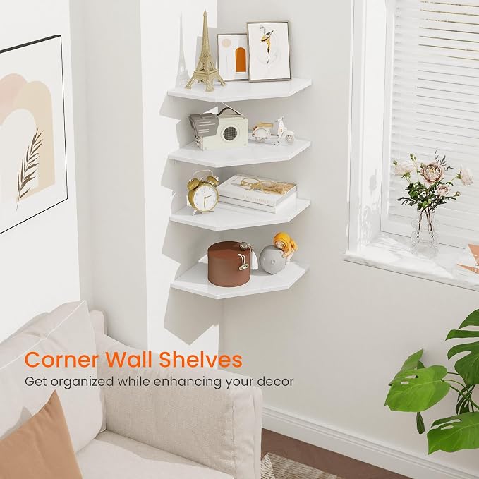 Corner Wall Shelf, Corner Shelf Floating, Set of 4 Wooden Hanging Corner Shelves with Wire Hole for Bathroom Living Room Office, White
