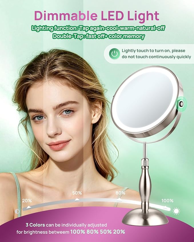 30X Magnifying Mirror with Lights, 8" Height Adjustable Makeup Mirror | Rechargeable 5000mAh, 30x Double Sided, 3 Color Lights + Dimmable, Nickel – Modern Magnifying Mirror for Bathroom Desk