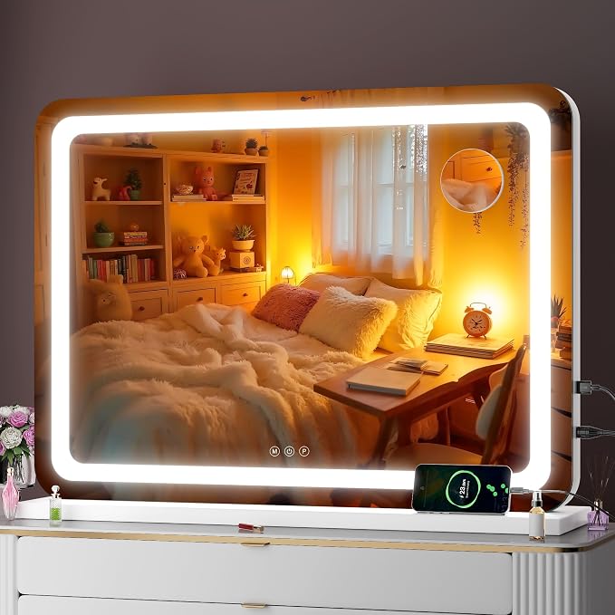 Vanity Mirror with Lights, 32" x 22" LED Makeup Mirror with 10X Magnification, Dimmable 3 Modes, Memory Function, Smart Touch, USB Charging Port, Lighted Makeup Mirror Round White