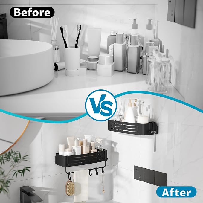 Onemake Shower Caddy Suction Cup, 2 Pack Shower Shelf with Hooks, Black | No-drill Rustproof Aluminum Removable Caddy with Hooks, Wall Mounted Shower Organizer, Corner Shampoo Holder for Bathroom