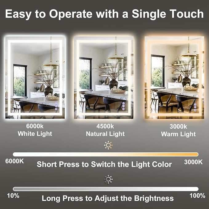 LED Bathroom Mirror, 55"x30" Anti-Fog Lighted Wall Mirrors | Vanity Mirror with Lights for Wall, Smart Anti-Fog, Dimmable, 3 Color, Backlit & Front Lit, Memory Function, Tempered Glass