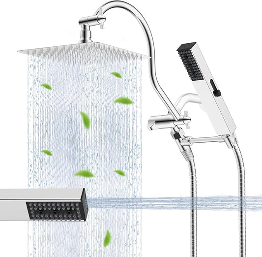 Hibbent All Metal cUPC Certified Shower Head, 10'' High Pressure Rainfall Shower Head, Showerhead Combo, Handheld Shower Wand, 12'' Adjustable Extension Arm, 4-Spray, 71'' Hose, Shower Holder, Chrome