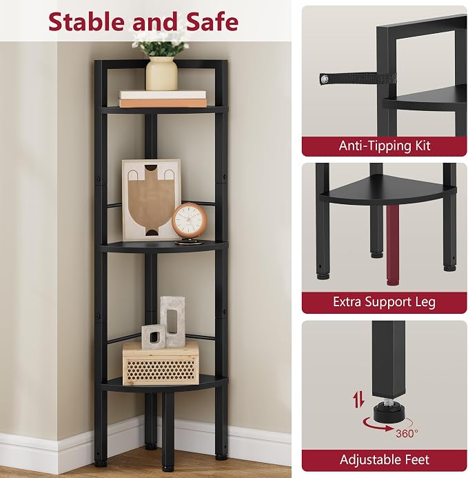 Small Corner Shelf Stand 3 Tier 39.5" with Metal Frame, Black | Industrial Narrow Corner Shelf, Multipurpose Tall Corner Bookshelf, Small Corner Table Bedroom, Living Room, Office, Kitchen