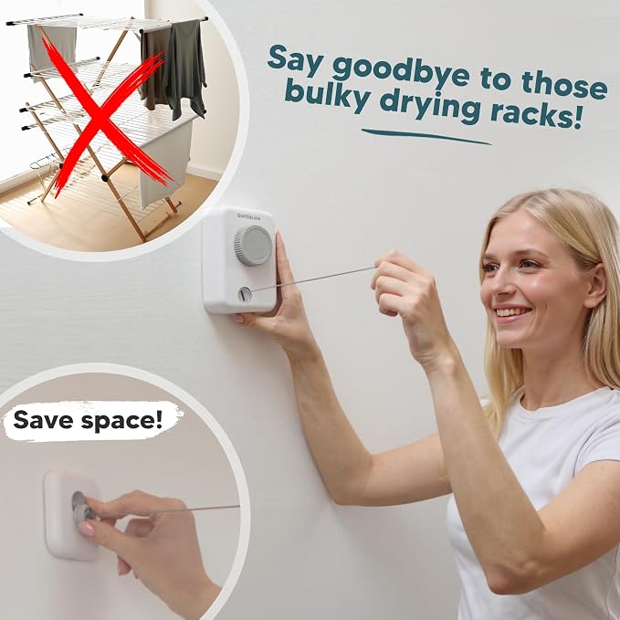 Max - Retractable Clothesline Indoor Outdoor Clothes Line - Heavy Duty Clothes Drying Laundry Line - Wall Mounted Drying Rack - Air Dry Clothing - Max Tighten with GorillaGrip