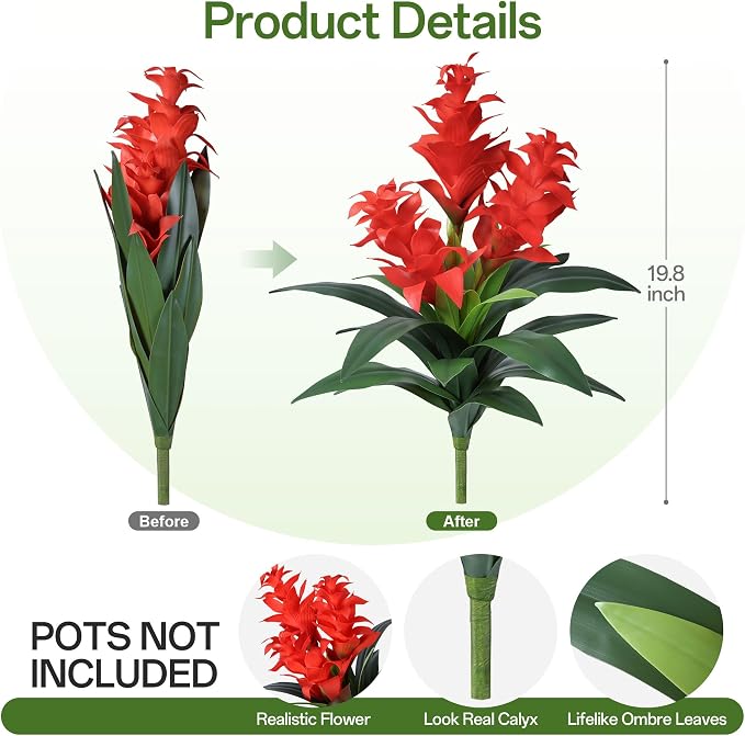 Ivydale Artificial Flowers for Outdoors, 2 Pcs 20.47" 3-Head Bromeliad Fake Plants UV Resistant Artificial Plants Outdoor Tropical Flowers for Planters Outside Porch Patio Yard Garden Indoor Decor