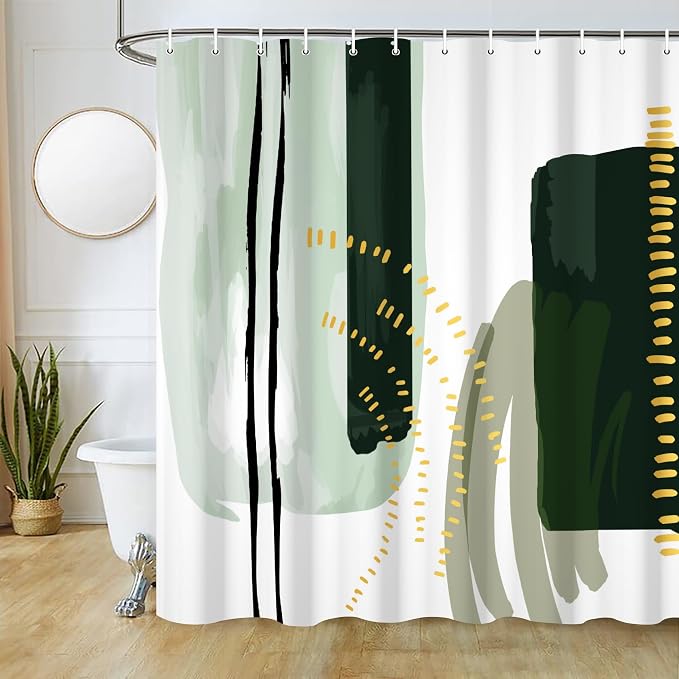 Mid Century Green Shower Curtain for Bathroom 72x78 Inch | Waterproof Abstract Minimalist Emerald-green Shower Curtain Set with Hooks, Boho Bathroom Decor