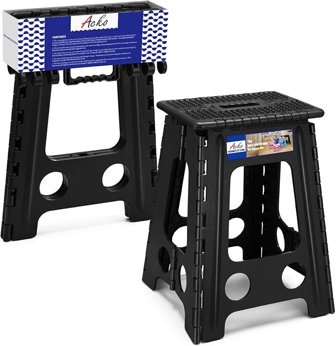 ACKO 17.5" Folding Step Stool, 400 lb Capacity with Safety Lock, Dot Black | Portable Foldable Stools with Handle, Heavy Duty Collapsible Non-Slip Foot Stool for Adults & Kids, Kitchen Bathroom Outdoor