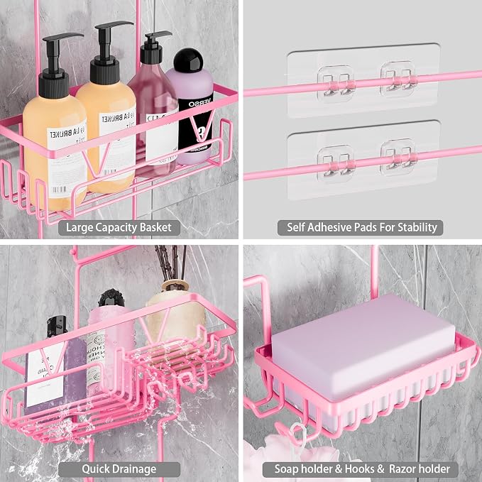 DAOYA Hanging Shower Caddy Over Shower Head, Anti-Swing Shower Organizer For Inside Shower With 2 Soap Holders, Multi Hooks, Rustproof Bathroom Accessories, Pink