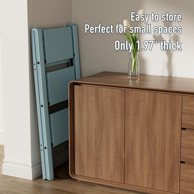 Mayi Plus 3 Step Stool Foldable, Aluminum, Lightweight Step Ladder | Extra-wide anti-slip folding steps with 330 lbs, for home,kitchen,office,outdoor,office,Blue