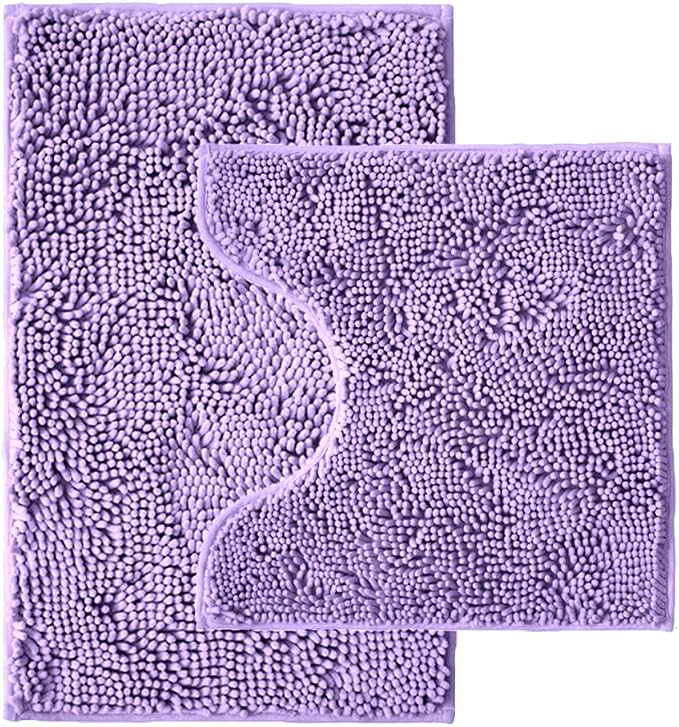 Bathroom Rugs Sets 2 Piece,Super Absorbent Chenille Bath Mats and U-Shaped Toilet Rug,Strong PVC Non Slip Backing,Microfiber Washable Dry Quickly Bath Mats for Bathroom(20"x32"+20"x20"U,Lavender)