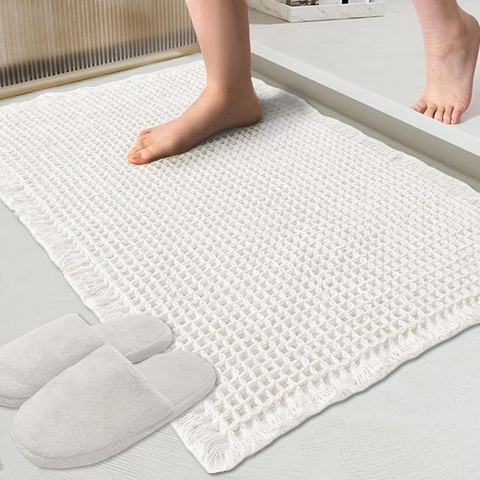 ZALL Waffle Bath Mat White Super Absorbent Non Slip Bathroom Rug 24x36inch,Machine Washable Ultra Soft Floor Mats