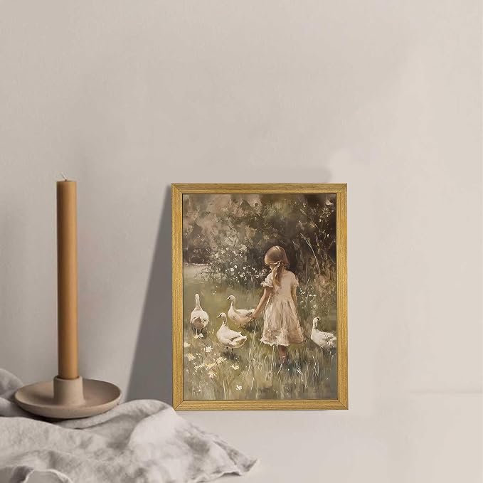 Wood Framed Canvas Wall Art, Vintage Girl with Ducks Painting Poster, Countryside Pastoral Landscape Print Picture, Rustic Farmhouse Wall Decor for Living Room Bedroom Nursery 8x10 inch