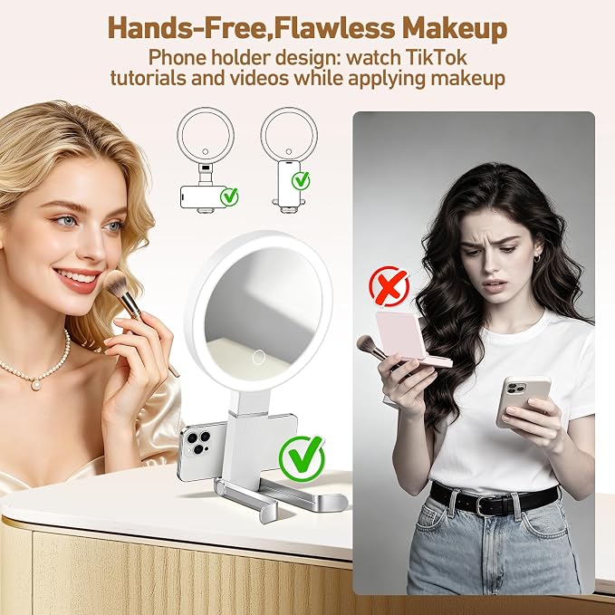 30X Travel Magnifying Mirror with Light, Height Adjustable Vanity Mirror with Phone Holder Stand, Portable Compact Handheld Makeup Mirror with Smart Display for Travel, Daily Makeup Use, White