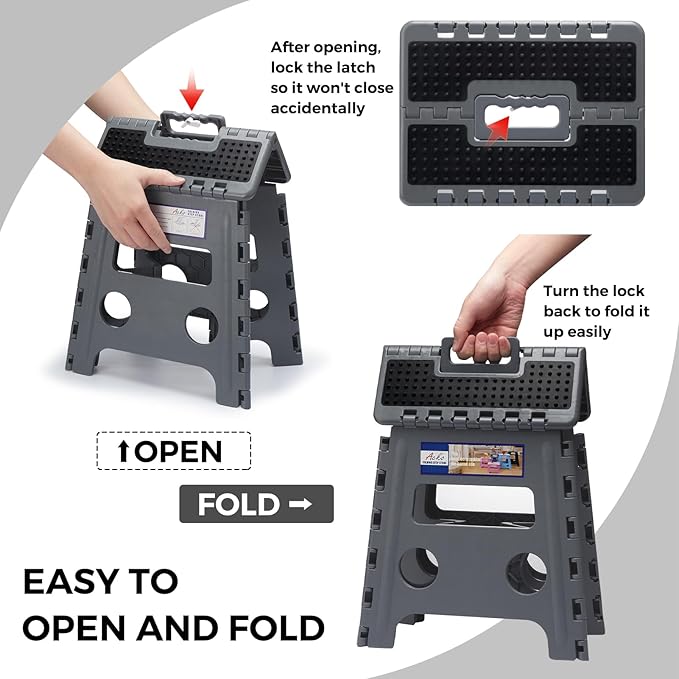 ACKO 13" Folding Step Stool, Non-Slip Surface for Adults & Kids, Dot Gray | Collapsible Heavy Duty Foldable Stools, Portable Foot Stepping Stool Holds 300 lbs, Kitchen Bathroom Outdoor, with Handle
