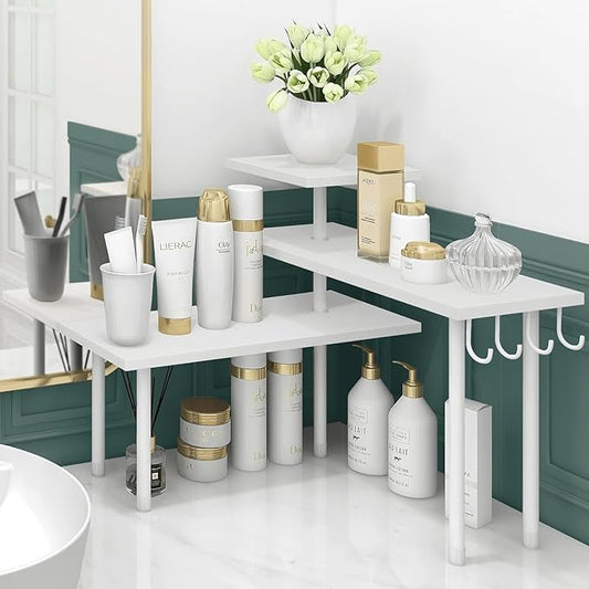 Kitchen Countertop Organizer Corner Shelf, Bathroom Counter Organizers and Storage, 3 Tier Wood Shelf Organizer Space Saver for Make Up, Dresser Table, Desktop, White