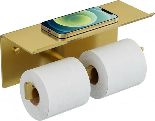 FORIOUS Toilet Paper Holder with Shelf, Commercial Toilet Paper Dispenser | Brushed Gold | SUS304 Stainless Steel Wall Mount Double Bathroom Tissue Roll Holder for Hotel, Apartments, etc