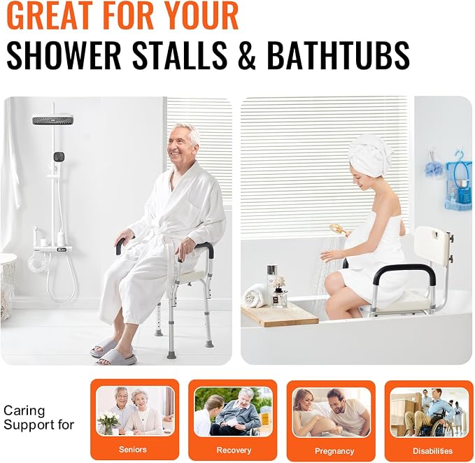 VEVOR Shower Chair, Shower Seat with Back, Adjustable Height Shower Stool, Shower Chair for Inside Shower Bathtub, Non-Slip Bathroom Bench Bath Chair for Elderly Disabled Handicap, 350 LBS Capacity