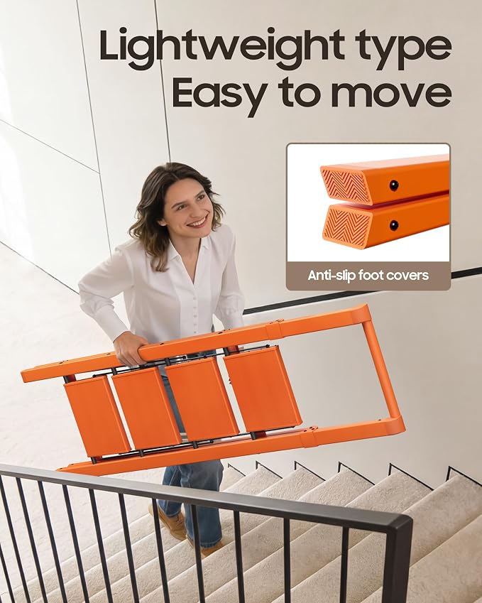HillhutApex Aluminum 4 Step Ladder, Step Stool Foldable Ladder(Orange) | Stepladder with Handgrip,Anti-Slip Pedals,330lbs Capacity,Lightweight Portable Folding Ladder for Home,Office,Libaray