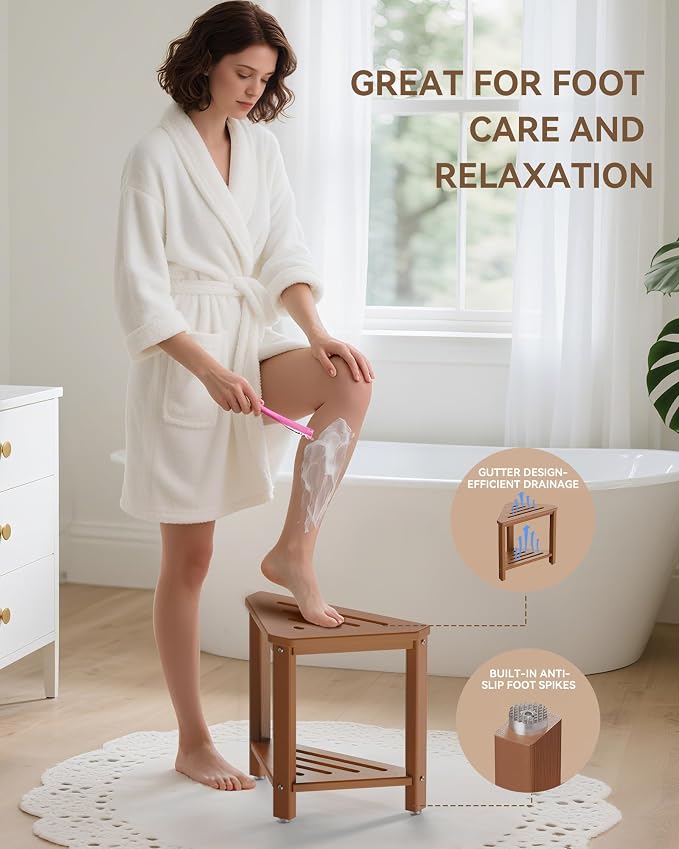 Teak Shower Foot Rest 15in, HDPE Waterproof Shower Stool for Inside Shower, Corner Shower Stool for Shaving Legs with Storage Shelf for Small Space, Shower Step Stool, Plastic Corner Shower Bench