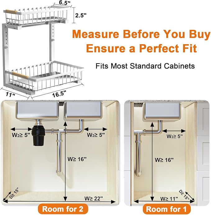 Under Sink Organizer, Height Adjustable Under Sink Organizers and Storage, 2 Tier Pull Out Drawer Cabinet Storage for Kitchen Bathroom, 1 Pack, White | cabinet organizer, 5 level adjustable, quiet sliding rails, dual suction and nano tape, no drill, ru...