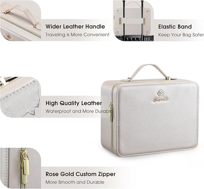Faquenc Leather Makeup Case with LED Lighted Mirror 11.4 Inch Travel Makeup Bag Adjustable Brightness in 3 Colors Cosmetic Organizer Artist Storage Bag with Dividers Brush Holder Bag Vanity Pale Gold