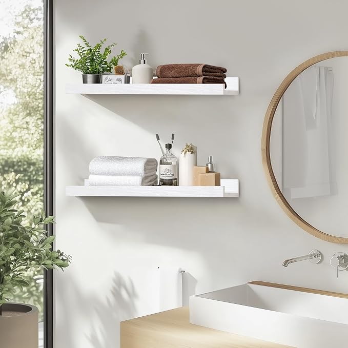 Muzilife 16" Wood Floating Shelves Wall Shelf with Lip, 2Pcs, White | FSC-Certified Wood | 20 lbs Capacity | Space-Saving | Hanging Shelf | Wall Decor| Bedroom,Living Room,Bathroom,Kitchen,Office