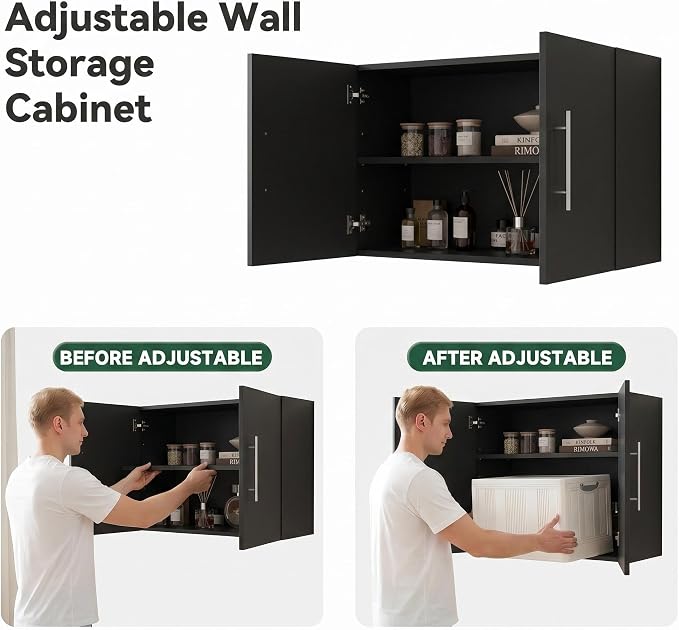Wall Cabinet, 36" W x 12" D x 20" H Wooden Wall Mounted Storage Cabinet, Double Door Cabinet with Soft Close and Metal Handle and Adjustable Shelf, for Kitchen, Garage, Laundry, Bathroom, Black