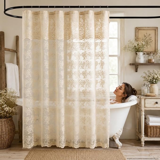 TUDECO Extra Long Beige Lace Shower Curtain with Valance, 72 x84 Inch | Antique Vintage, Floral Pattern, Tall Bathroom Curtain, Scalloped Edges, Light Filtering, Soft Privacy, Reinforced Holes