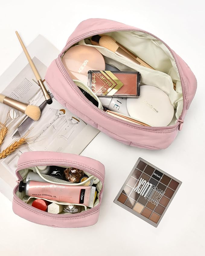 2 Pcs Makeup Bag Travel Toiletry Bag for Women Puffy Padded Cosmetic Pouch Purse Wide-open Makeup Organizer Case Travel Essentials