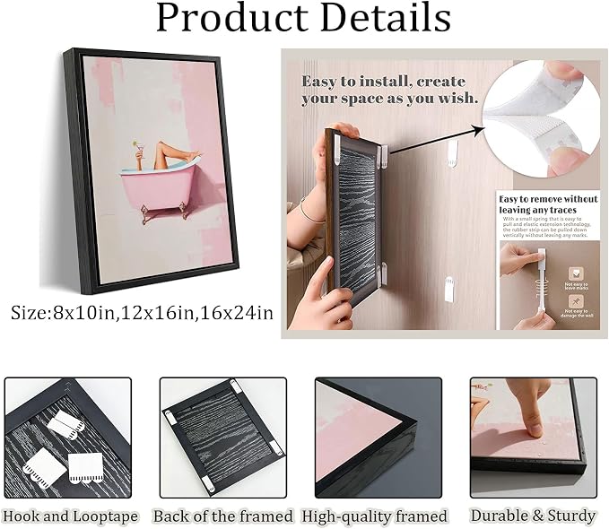 Black Floating Framed Funny Pink Bathroom Canvas Wall Art Trendy Charm Girl Bathtub Painting Picture Wall Decor Martini Cocktail Poster Print Artwork for Restroom Toilet Home Decoration 12x16in
