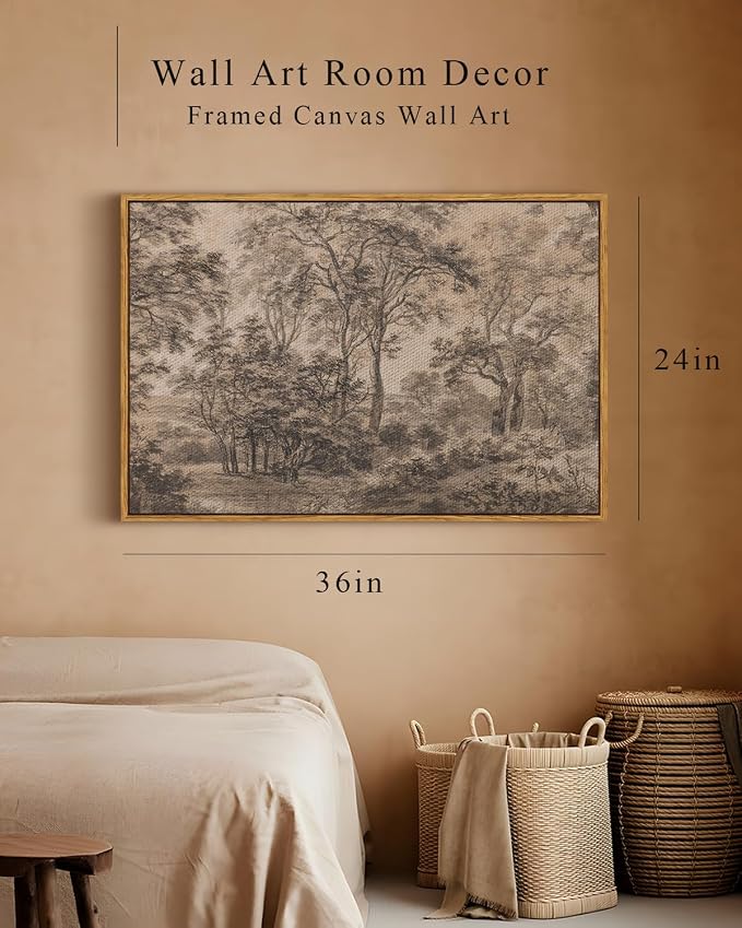 InSimSea Framed Canvas Prints Vintage Decor, Sketch Dark Moody Forest Brown Trees Landscape Paintings Wall Art, Large Countryside Farmhouse Hanging Wall Decor for Living Room Bedroom, 24x36inch