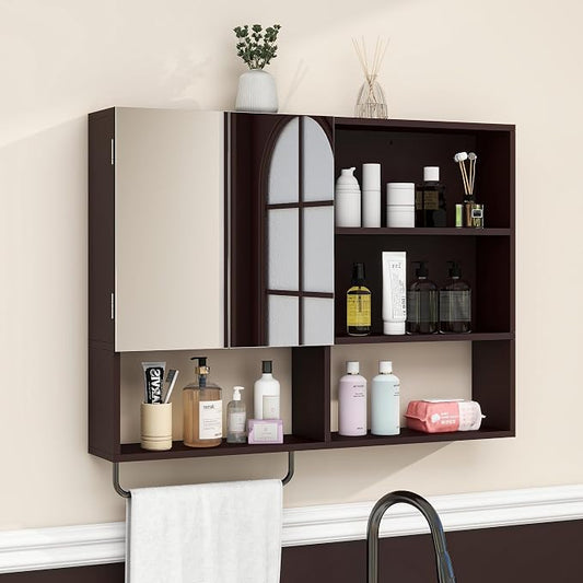 Bathroom Wall Cabinet, Medicine Cabinet, with Mirror & Towel Bar, Espresso