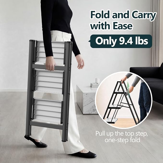 3 Step Foldable Step Stool, 300lbs Load, Black & White | Folded 35''H x 3''T; Net 9.9 lbs; Non-Slip Feet: Wood/Tile/Carpet; Rigid Aluminum Steps; No Assembly; Ready From Box.