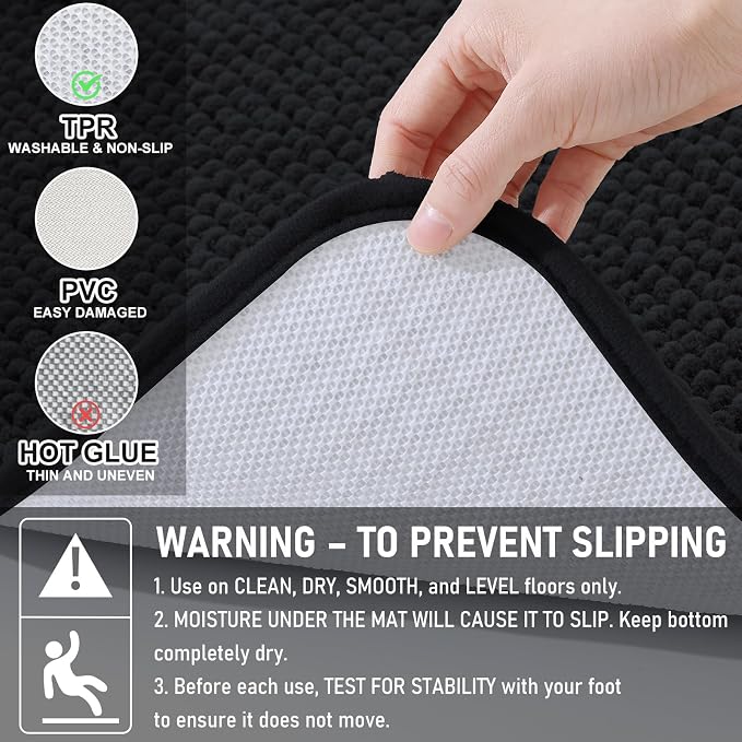 Arotive Chenille Bathroom Rugs 47x32, Soft Absorbent Bath Mat, Black | Rubber Backing, Machine Washable Dry Bath Mats for Bathroom Floor, Tub and Shower, Home Decor Accessories