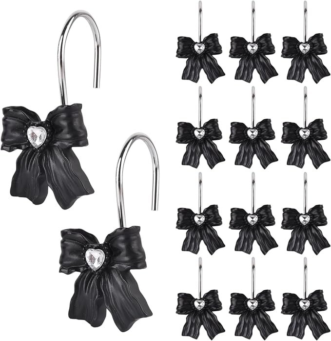 12PCS Shower Curtain Hooks Rings,Black Bow Decorative Shower Curtain Hooks | Modern Home Decorativ Rust Resistant Hangers Shower Hooks for Bathroom Shower Rod,Bedroom,Living Room