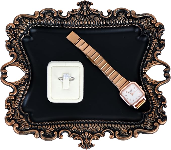 Funly mee 8 x 7 inches Antique Trinket Dish Vintage Jewelry Tray, Ring Holder (Black & Gold, M)