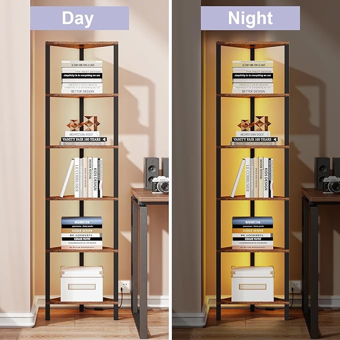 TUTOTAK Corner Shelf with LED Light, 6-Tier Corner Bookshelf | for Small Space, Narrow Display Corner Shelf Stand with Storage Rack, for Living Room, Bedroom, Rustic Brown BS05BB006L