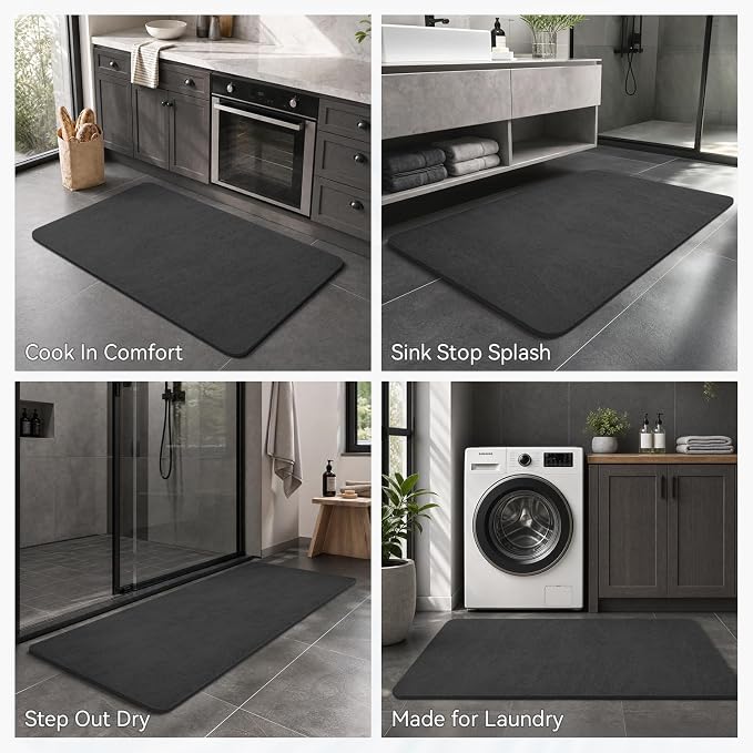MontVoo -Bath Mat-Rubber Backing Non Slip Quick Dry Absorbent Thin Bathroom Rugs Fit Under Door-Faux Suede Surface Bathroom Floor Mats-Shower Rug for in Front of Bathtub Shower Dark Grey Rug Set
