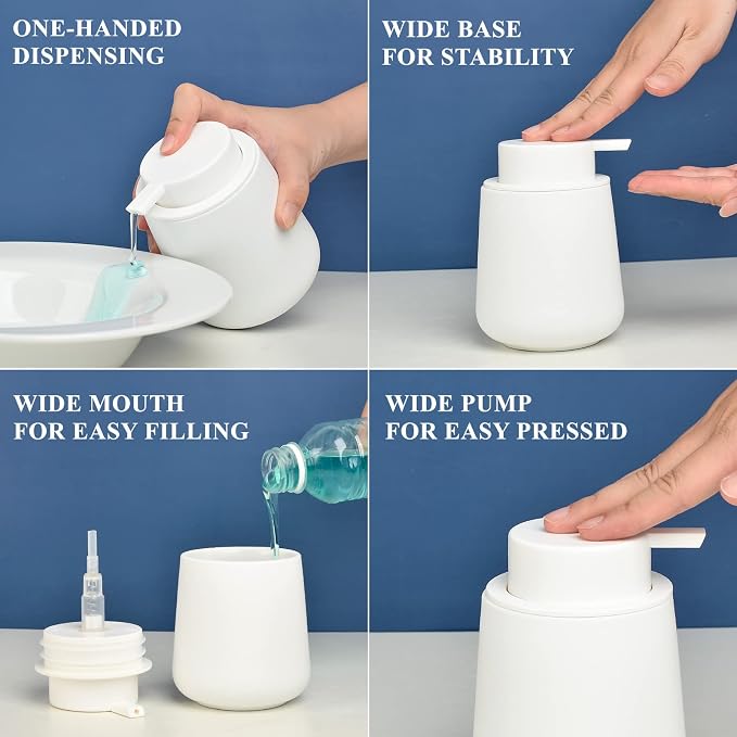 BosilunLife Ceramic Soap Dispenser - Dish Soap Dispenser for Bathroom 12Oz | Refillable Liquid Hand Wash Dispenser for Essential Oil, Lotion Soap, Rubber Paint White