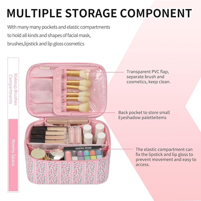 Makeup Bag for Women - Travel Cosmetic Organizer with Brush Slot & Divider, Large Capacity Toiletry Bag for Girls, Travel Makeup Case for everyday Make up Accessories -Pink Floral