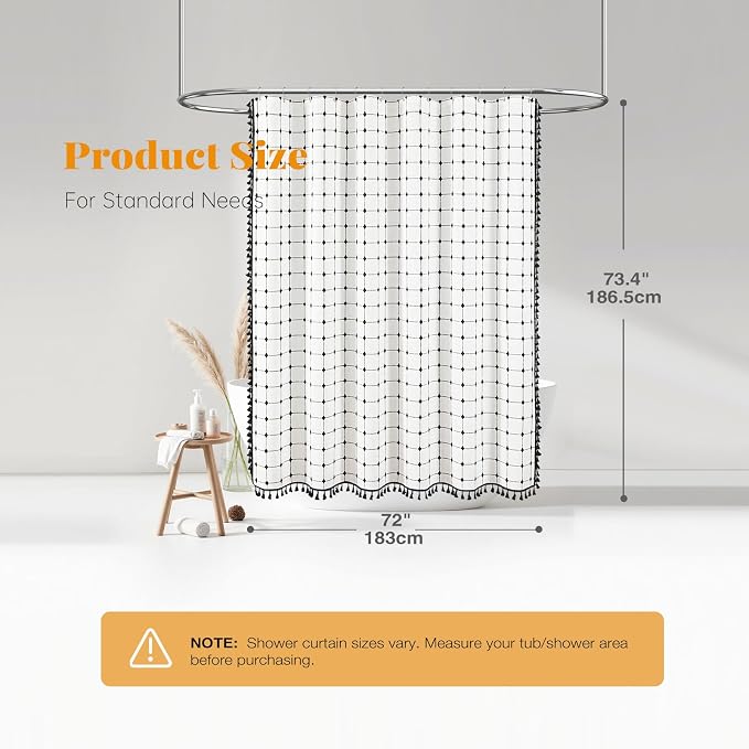 White Black Farmhouse Linen Heavy Duty Cloth Shower Curtain, 72x72 | 330GSM Linen Blend, Classic Plaid, 3-side Tassels, Water Repellent Fabric, 12 Plastic Hook, Rustic Bohemian, Machine Washable