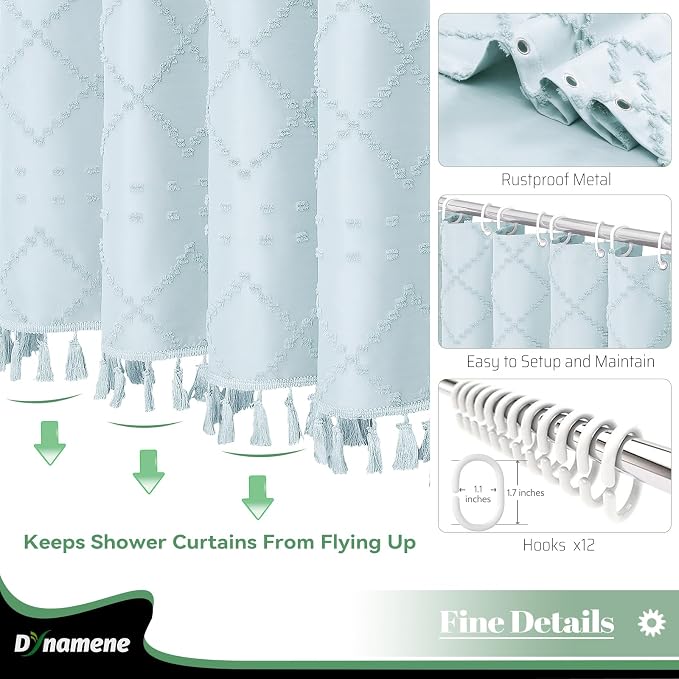 Boho Farmhouse Shower Curtain Tufted Geometric 72"x72" Fog Blue | Elegant Tassel, Soft Lightweight Textured Cloth, Water Repellent, Washable, Hotel Spa, for Bathroom/Dorm/Apartment 12 Hooks