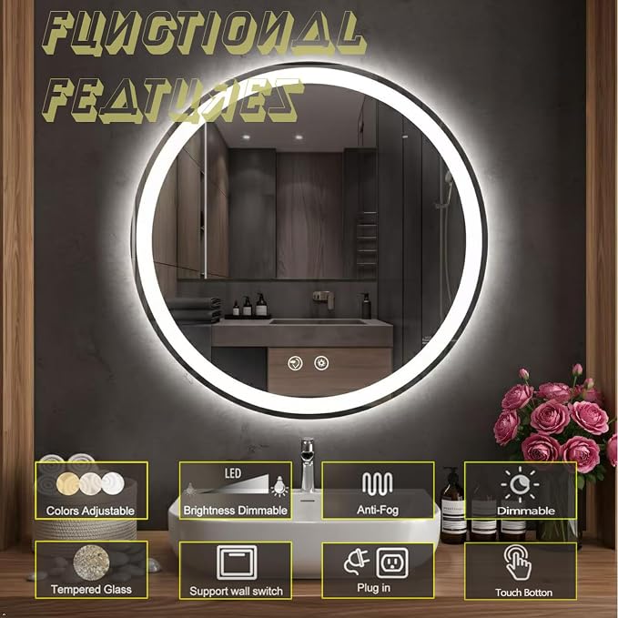 LTFUUAI 24" Round LED Bathroom Mirror with Lights, Front & Back Light | Lighted Bathroom Mirror, Touch 3-Color Stepless Dimming, Wall Mounted, Anti-Fog Shatterproof, UL Listed