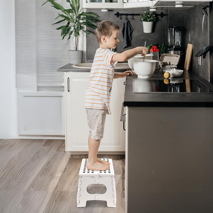 Delxo Folding Step Stool 9 inch,300Lbs Extra Wide Step Stool for Kids | Foldable Step Stool,15-Inch Extra Wide Non-Slip Foot Stools with Handle,Lightweight for Kitchen,Bathroom,Bedroom,Garden White