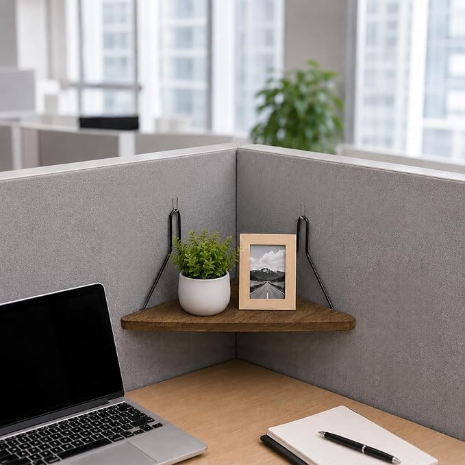 2PCS Fabric Wall Cubicle Corner Shelf with Hooks, Wooden Organizer | 11.81 x 8.46 In Triangular Hanging Shelves For Office Fabric Walls, Work Display Storage, Small Planter, Photo, Decor