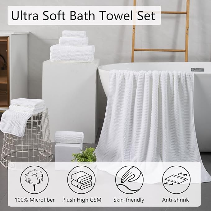 2 Piece White Geometric Hand Towel Set 16"x31" Soft Highly Absorbent Quick Dry Bathroom Towels Microfiber Plush Towels Set Woven Towels for Kitchen Hotel Spa Gym