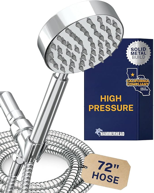 HammerHead Showers® Solid Metal LOW FLOW Handheld Shower Head with Hose and Brass Holder - CHROME – Water Saving 1.75 GPM Detachable Shower Head - Adjustable Shower Wand Bracket & 6ft Hose