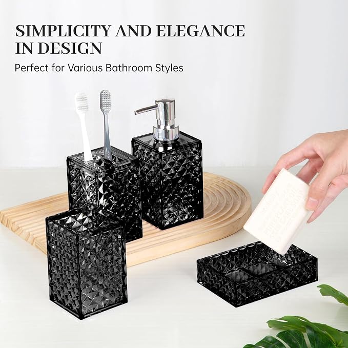 Bathroom Accessory Set, Grid Pattern 4 Pcs Plastic Bathroom Set, Black | Include Soap Dispenser, Soap Dish, Toothbrush Holder, Mouthwash Cup, Modern Bathroom Decor Set