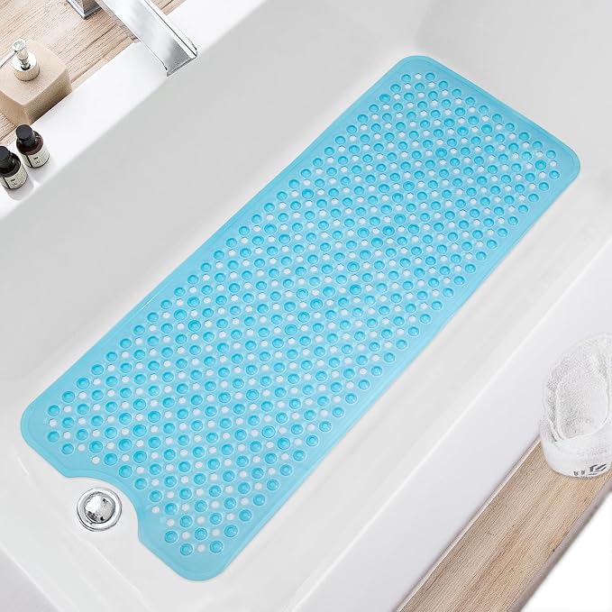 TEESHLY Bath Tub and Shower Mats, Non Slip 40 x 16 Inch Extra Large Bathtub Mat, Machine Washable Bathmat with Drain Holes, Suction Cups for Bathroom Floor, Clear Blue