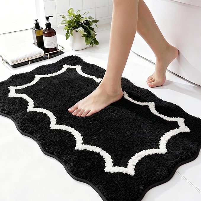 Scalloped Black Bathroom Rugs Mat,Shaggy Soft Non Slip Absorbent Quick Dry Bath Mats for Shower Room,Plush Microfiber Bath Rug for Bathroom Floor Carpet for Tub Sink Bedroom,20"x32"